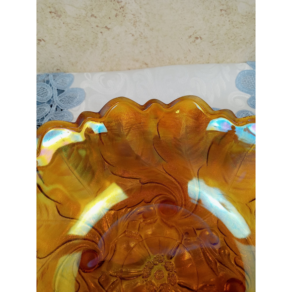 Indiana Glass Flower & Leaf Marigold Carnival Scalloped Footed Serving Bowl 9" - Picture 7 of 12